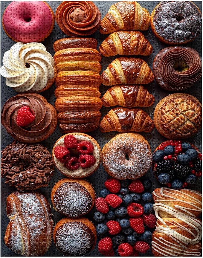 Tucocoo 1000 Piece Jigsaw Puzzles for Adults Croissants Cakes and Doughnuts Jigsaw Puzzle Delicious Food Art 1000 Pieces Puzzles for Challenging Family Activity Game Colorful DIY Puzzle Wall Decor