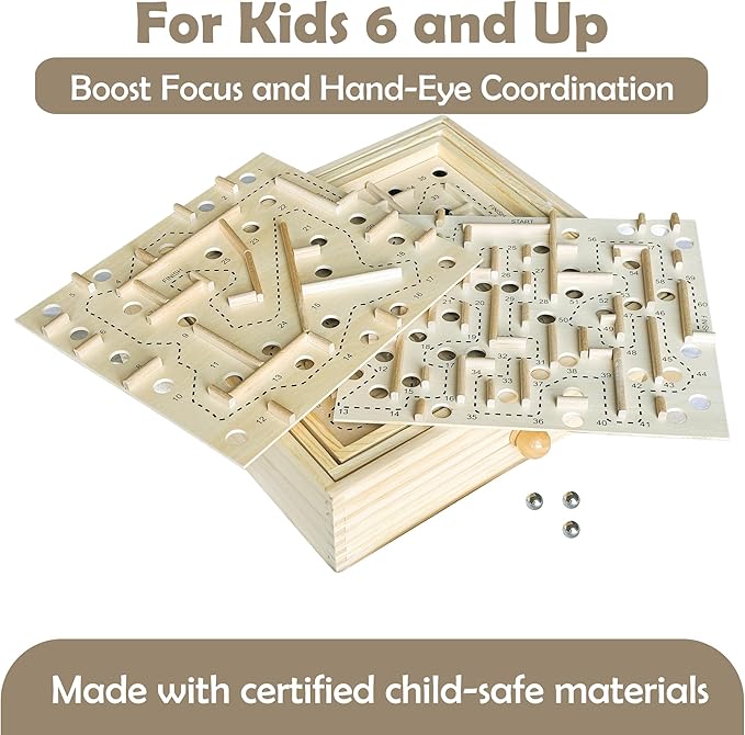 Sterling Games Wooden Labyrinth with 3 Swappable Boards – Classic Maze Game with 60, 36, and 25 Waypoints – Wooden Tilt Puzzle with Knob Control and 3 Steel Marbles for Kids Age 6+