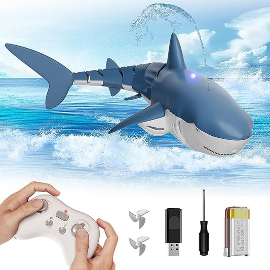 Waterproof Remote Control Electric Shark Water Toy with Spray, RC Swimming Pool Toy Auto Water-Sensing Activation for Pools, Lakes & Water Parks - Cool Santa Gift for Kids