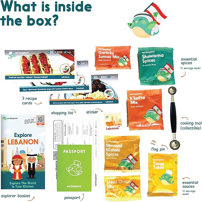 eat2explore Cooking Kits for Kids - Interactive & Educational Set with 3 Recipe Cards, Key Ingredients & Cooking Tools - Ideal Idea for Kids who Love to Create Meals (Lebanon Edition)