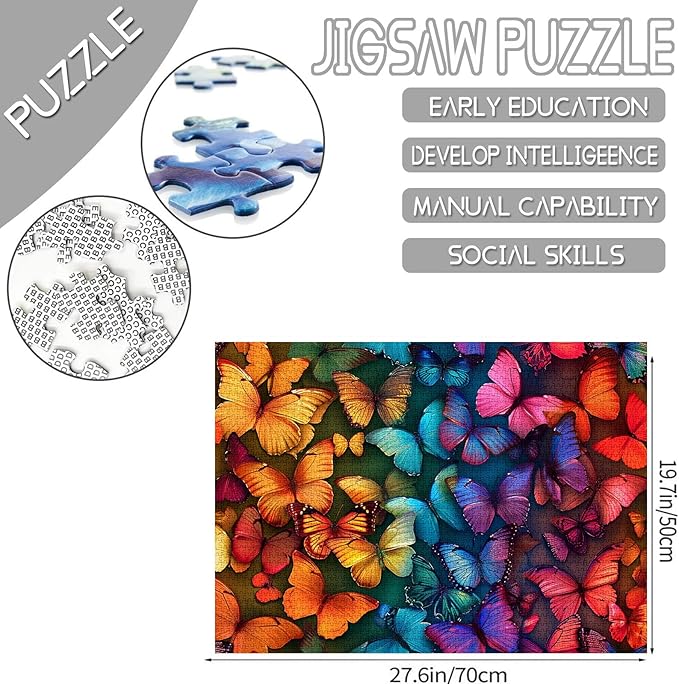 Tucocoo Jigsaw Puzzles for Adults 1000 Pieces, Rainbow Butterflies Background Art Jigsaw Puzzle Colorful Vintage DIY Craft Puzzles for Home Decoration Gifts, Family Puzzle Perfect for Game Nights