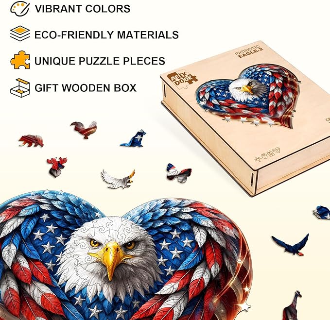 Wooden Puzzles for Adults - 200 Pieces Patriotic Eagle Wood Puzzle - Unique Shapes Wooden Jigsaw Puzzles for Adults - Eco-Friendly Home Office Decor (11.4 * 10.6in)