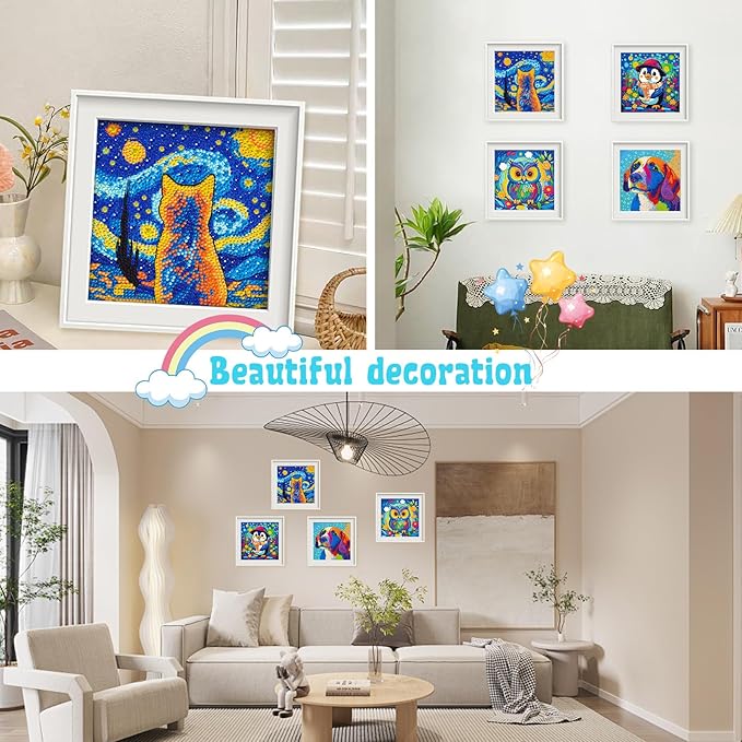 Libfx Diamond Art Kits for Kids 4 PCS Diamond Art for Girls Boys Beginners Arts and Crafts for Kids Ages 8-12 (Cartoon Cat-Penguin)