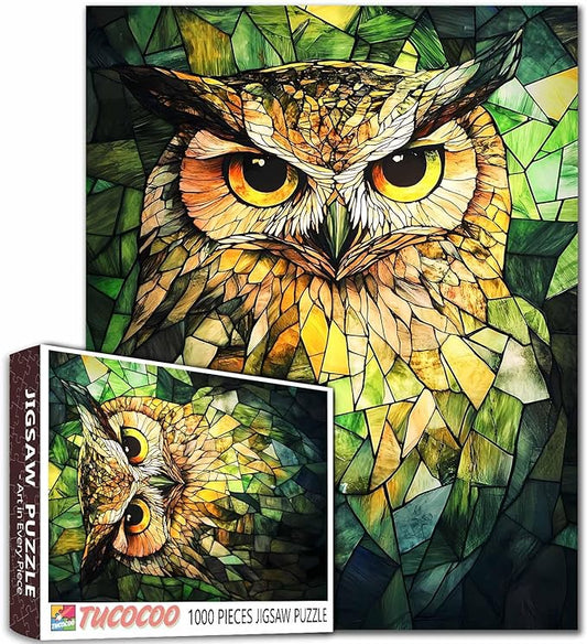 Jigsaw Puzzles 1000 Pieces for Adults-Green Owl Glass Style Hardboard Puzzle-Challenging Puzzle Perfect for Game Nights-DIY Home Wall Decor-Art Puzzles Colorful Stained Glass Owl 27" x 20"