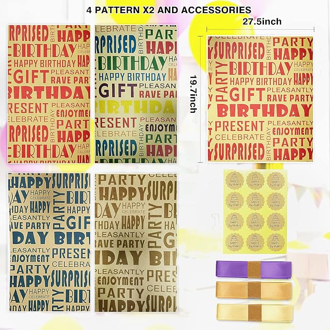 Brown Kraft Birthday Wrapping Paper and Ribbon Bow Set with Stickers for Boys, Girls, Men, Women and Kids - Recycled Gift Wrap (6 Sheets, 27.5"L x 19.6"W Per Sheet)