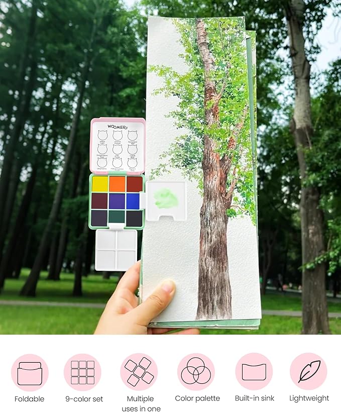 Woomer Pocket Watercolor Paint Set, 9 Vivid Colors Travel Watercolor Paint with 2 Foldable Palettes, Wash Cup, Perfect Water Color Set for Kids Beginner Students Adult Gift