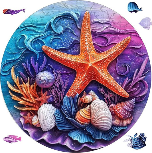 delobil Wooden Puzzles for Adults, Shell Starfish Jigsaw Puzzles 500 Pieces, Unique Shape Puzzles with Wooden Box, 16.5 x 16.5 Inches Family Game Gift, Fun Challenging Puzzles for Adults and Kids