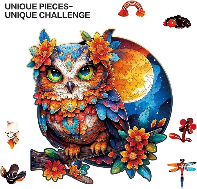 Wooden Puzzles for Adults Owl Jigsaw Puzzles 300 Piece,Thanksgiving Birthday Gifts Family Game,Unique Shape Puzzle Challenge 14.9 x 14.9 Inch