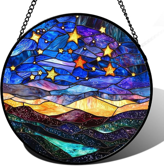 Stained Glass Window Hanging, Blue Sky Gold Stars Abstract Landscape Suncatcher for Doors Window Home Sun Catchers Decor Mother's Day Birthday Gifts for Women, Men Mom 6.3 in