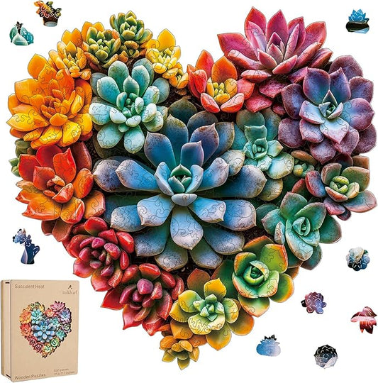 Ruikiyart Wooden Puzzles for Adults, 5MM 500 Pieces Succulent Heart Wooden Jigsaw Puzzles, Plant Unique Shaped Puzzle Gifts for Adults and Kids on Thanksgiving, Family Puzzle Games(17.4"*17.1")