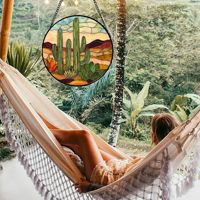 Stained Glass Window Hanging, Green Cactus Sun Catcher for Door Terrace Garden Home Decor, Abstract Desert Landscape Suncatcher Birthday Gifts for Lovers Women Men Dad Mom Nana 6.3