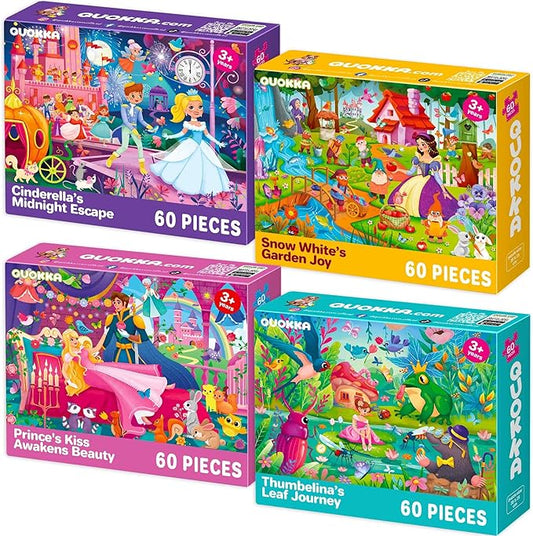 QUOKKA Puzzles for Kids Ages 4-6 – 4-Pack 60-Piece Puzzles for Kids – Fairy Tale Jigsaw Puzzle Set – Toddler Puzzle Ages 4-6 – Educational Learning Toys – FSC Certified – Gift for 5 Year Olds