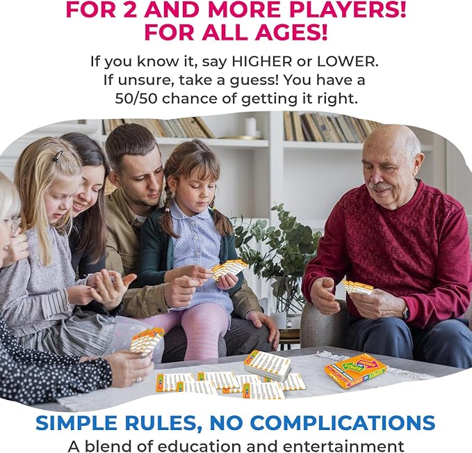 QUOKKA Trivia Board Games for Kids and Adults - Version V2.0 - Family Night Geography Games 4xSet Higher or Lower Trivia Cards | Guess Fun Questions | 2 + Players - Challenge Your Geography Knowledge