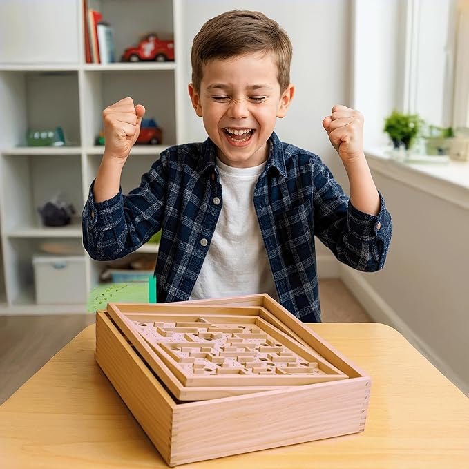 Sterling Games Wooden Labyrinth with 3 Swappable Boards – Classic Maze Game with 60, 36, and 25 Waypoints – Wooden Tilt Puzzle with Knob Control and 3 Steel Marbles for Kids Age 6+