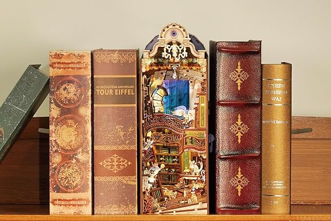 Tonecheer DIY Book Nook Kit for Adults, 3D Wooden Puzzle Bookend Miniature House Kit, Booknook Bookshelf Insert Decor with Dust Cover and LED Lights Gifts (Magical Library)