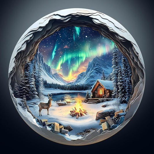 Wooden Puzzles for Adults, Flat Puzzle with 3D Visual Effect, Aurora World Wooden Jigsaw Puzzles for Adults 300 Pieces, Winter Wood Puzzles Adult, Unique Shape, Wall Art Canvas Puzzle (L-13.4*13.4in)