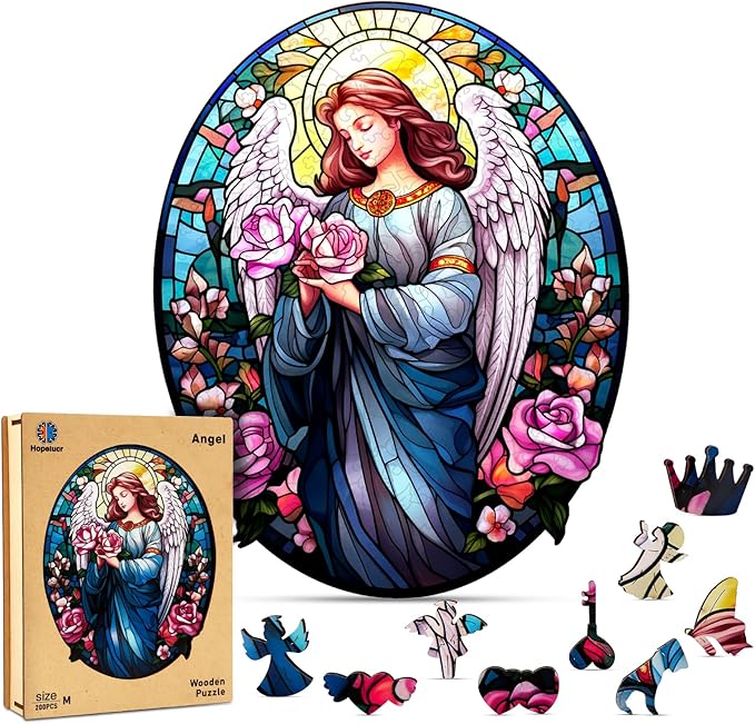Wooden Puzzle for Adults, Stained Glass Angel Flower Puzzle, Wooden Jigsaw Puzzles, Unique Wood Cut Puzzles for Family Friend Puzzle Lovers, 200 Pieces 11.22"x9.25"