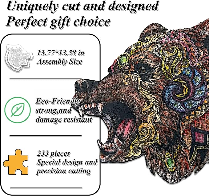 Wooden Jigsaw Puzzle for Adults,Bear Animals Shaped Magic Puzzle Pieces Best Gift for Adults,Can be Used as a Cool Mouse Pad,233pcs,(13.77 * 13.58 inches)