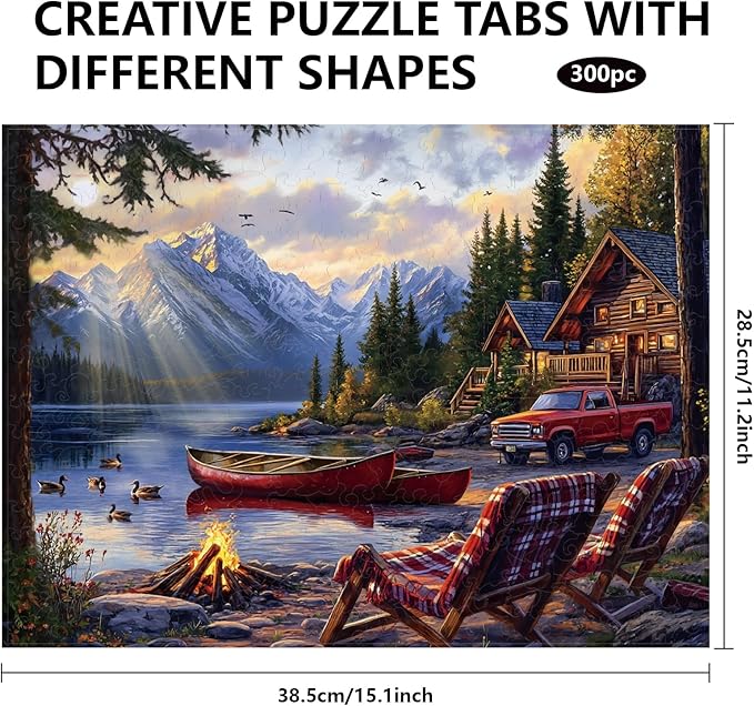 GLOBLELAND 300Pcs Canoe Lake View Wooden Jigsaw Puzzles for Adult Lake Sunset Colorful Unique Animal Shaped Jigsaw Puzzles for Holidays Birthday Gifts