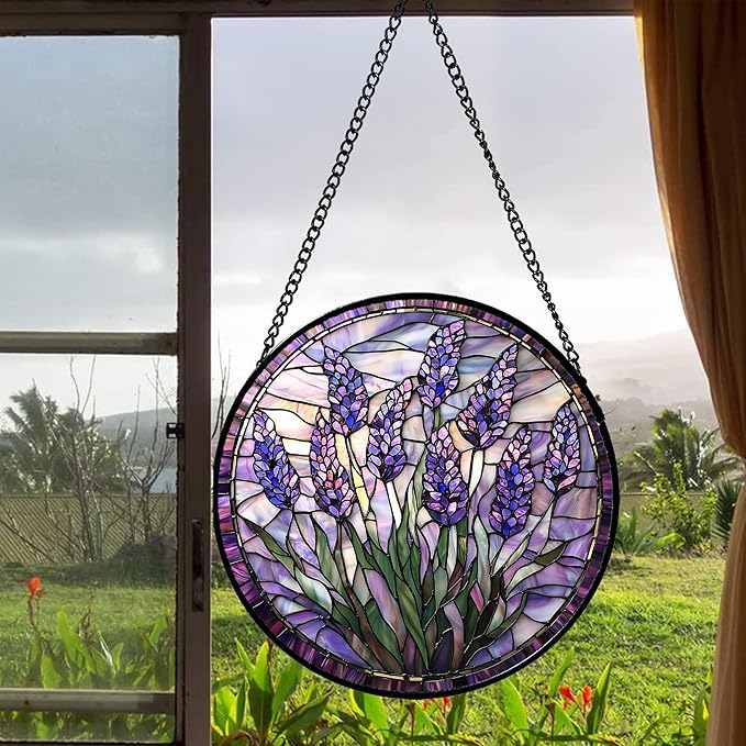 Stained Glass Window Hanging - Purple Flowers Suncatcher for Door Terrace Garden Home Decor Lavender Plant Floral Sun Catcher Birthday Gifts for Lovers Women Men Dad Mom Nana 9.8 in