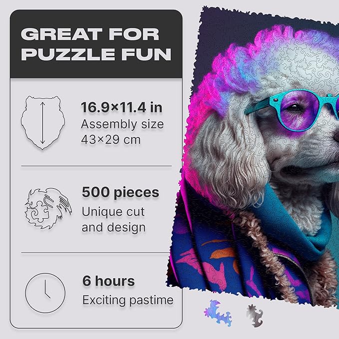 UNIDRAGON Original Wooden Jigsaw Puzzles - Pop Art Glow Up Collection - Sir Poodle - Dog Puzzle 500 Pieces, Beautiful Gift Package, Wooden Puzzle for Adults