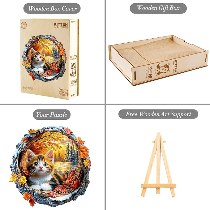 Wooden Puzzles for Adults, Wooden Jigsaw Puzzles for Adults Kids, Kitten in Autumn Unique Shaped Wood Puzzles Adult, Creative Gifts for Friends Family Game, Home Decor(11.4 * 11.3in 190pcs)