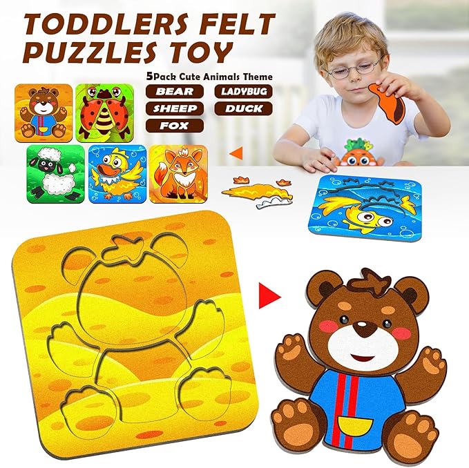 5 Sets Felt Puzzles for Toddlers 1-3, Toddlers 2-4,Animals Felt Puzzles Educational Montessori Toys Gifts for 1 2 3 Year Old Kids Learning Toy