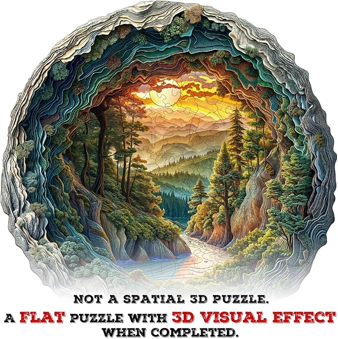 Wooden Puzzles for Adults, 3D Vision Effects Cave Forest Wooden Jigsaw Puzzles for Adults, Unique Shaped Wood Puzzle, Hill Sunset Forest Trail Landscape Puzzle, Home Decor(M-11.4 * 11.3in -200 pcs)