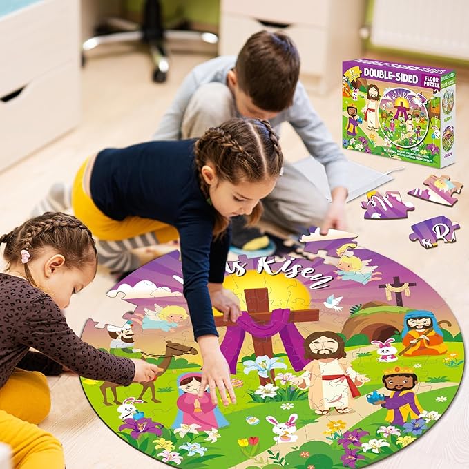 71Pcs Easter Jigsaw Puzzles for Kids Ages 3-5 4-8 Bunny Jesus Double Sided Puzzle for Kids Religious Easter Egg Round Floor Puzzles Happy Easter Party Supplies Preschool Brain Teaser Educational Toys
