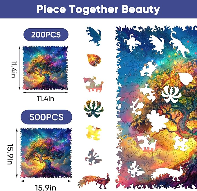 Wooden Puzzles for Adults, Colorful Tree of Life Jigsaw Puzzles 200 Piece, 11.3x11.1in, Unique Shaped Wood Plant Puzzles, Fun Challenging Creative Gifts for Adults and Kids Family Game