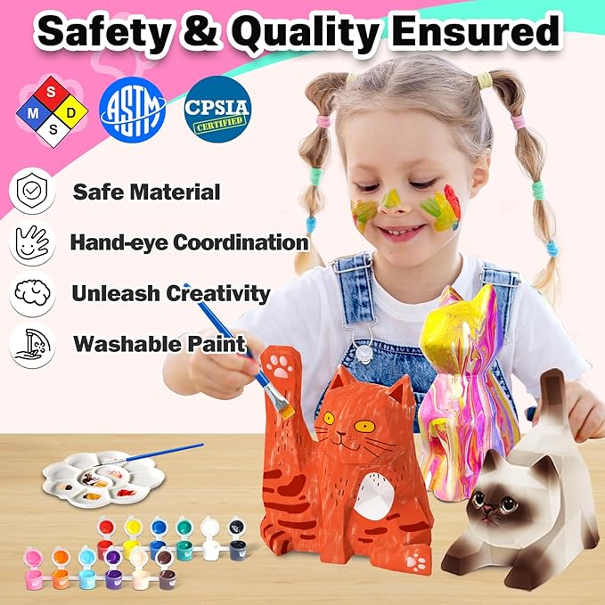 FUNZBO 3pcs Paint Your Own Cat Lamp Kit - Arts and Crafts Supplies Kitten Painting Kits for Kids Teens Adults, DIY Night Light Toy for Toddlers Girl Boy Ages 3 4 5 6 7 8 9 10 11 12 13 + Birthday Gifts