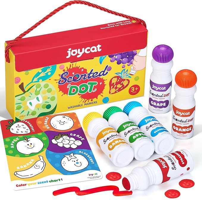 Joycat Vibrant Fruit-Scented Washable Dot Marker for Kid - 6 Color with Carry Handle, scented chart & 123 PDF Free Pages, Non-Toxic & Safe,Bingo Dauber Marker for Toddler 1-3, Art and Craft Kit Supply