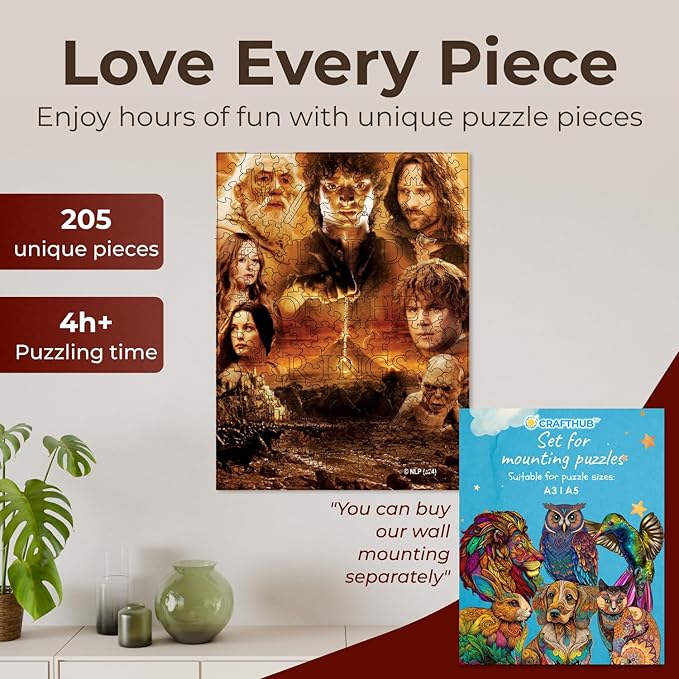 Crafthub The Lord of The Rings Wooden Puzzles for Adults – A3 Size with 207 Pieces Wood Puzzles – The Lord of The Rings – Jigsaw Puzzles with Unique Shapes – 9.1" x 12.2"