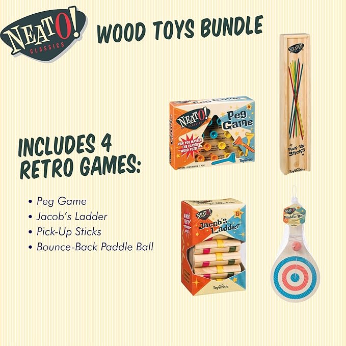 Neato Wood Toys Bundle – Includes Classic Wooden Peg Game, Jacob's Ladder Puzzle, Pick-Up Sticks, and Bounce-Back Paddle Ball – Fun Retro Games for Kids & Adults – Perfect for Travel & Family Play