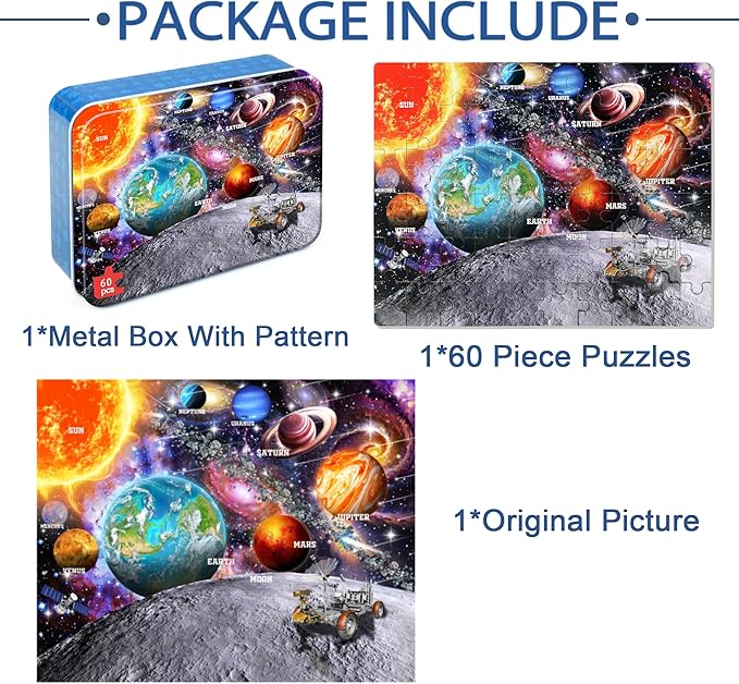 LELEMON Puzzles for Kids Ages 4-6, Space 60 Piece Puzzles for Kids Ages 3-5 in a Metal Box, Educational Jigsaw Puzzles Childrens Puzzle Games Puzzle Toys for Girls and Boys