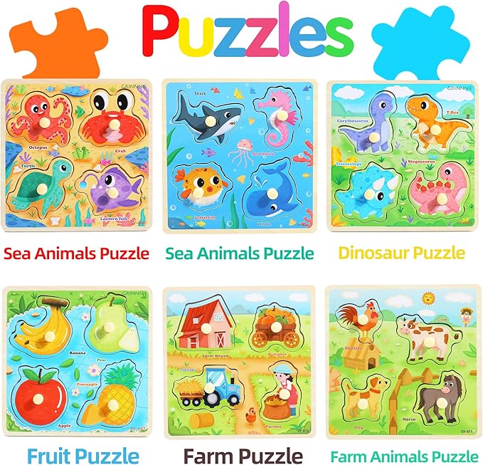 6PCS Wooden Toddler Puzzles, Montessori Toys Peg Puzzles for 3-5 Kid, Toddler Learning Educational Toys Kids Puzzle -Dinosaur, Farm, Farm Animals, Sea Animals, Fruit, Baby Puzzle Gift for Boys Girls