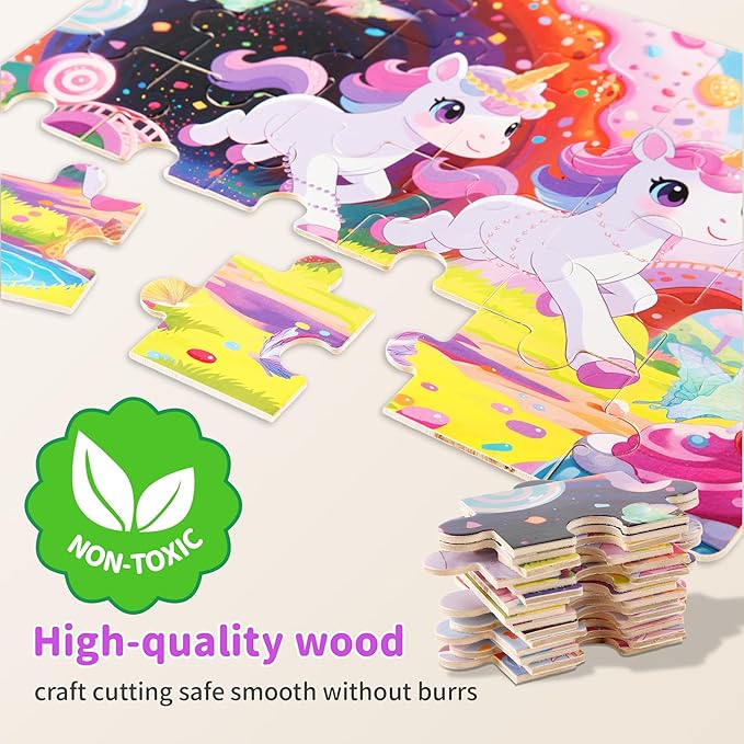 24PCS Wooden Puzzles for Kids Ages 4-6, 4 in 1 Box, Preschool Educational Toys Birthday Gifts Puzzles for 3 4 5 6 7 8 Year Old Boy Girls, Unicorn