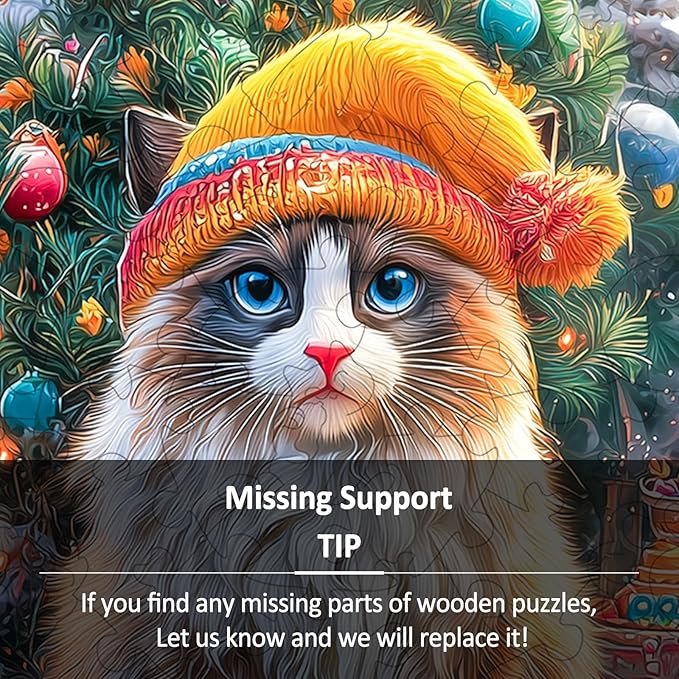 Wooden Puzzles for Adults - Christmas Cat Wooden Jigsaw Puzzle 86 pcs - Unique Animal Shape Wood Cut Puzzles - Eco-Friendly Home Office Decor (8.4 * 7.4in)