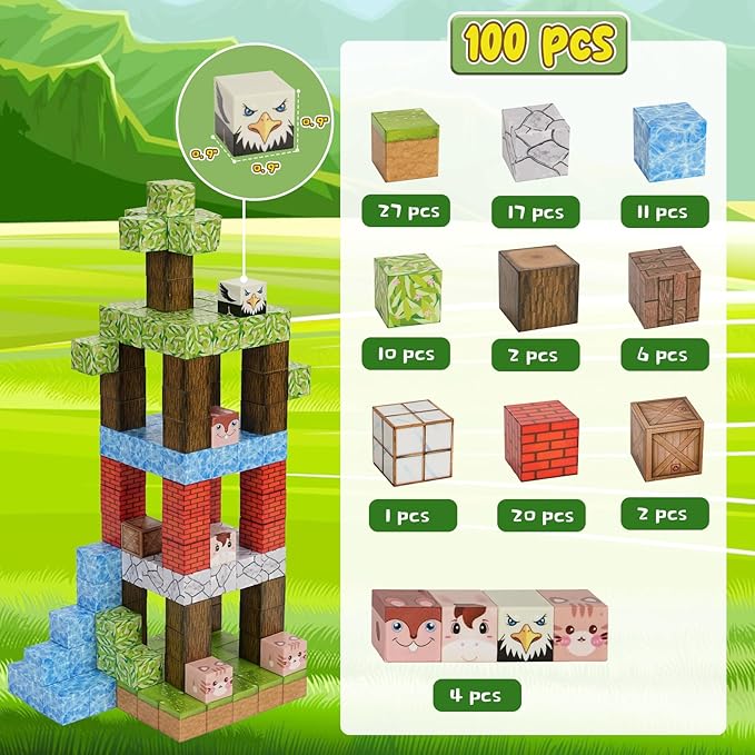 Magnetic Blocks - 100PCS Magnets Building Blocks World Set for Kids Ages 3-5 5-7 8-12, Magnetic Tiles Games Preschool Toys for 3 4 5 6 7 8 Year Old Girls Boys Gifts