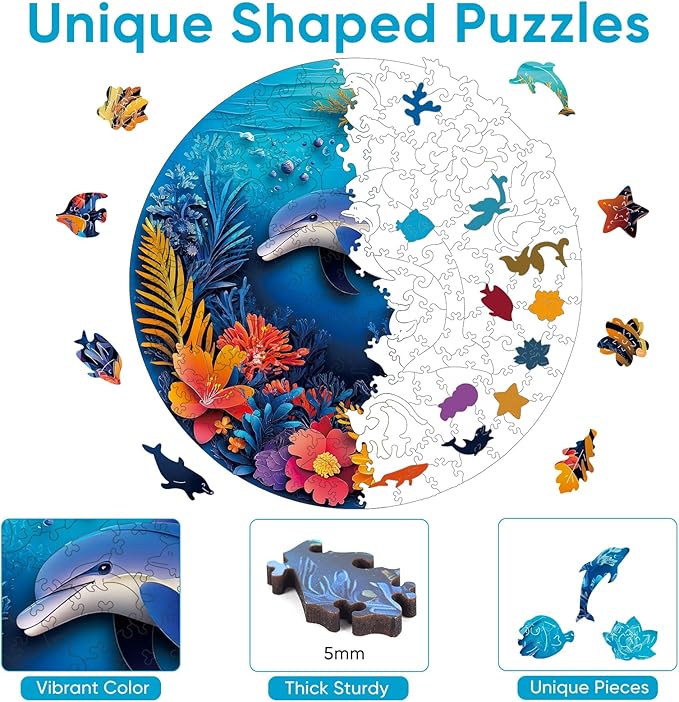 Ruikiyart Wooden Puzzles for Adults, 5MM 200 Pieces Dolphin Wooden Jigsaw Puzzles, Sea Animal Unique Shaped Puzzle Gifts for Adults and Kids on Thanksgiving, Family Puzzle Games(11.2"*11.2")