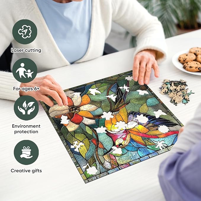 Wooden Puzzle for Adults, Stained Glass Hummingbird Puzzle 500 Piece, Unique Animal Shape Puzzles, Wooden Jigsaw Gift for Adults Thanksgiving for Family Friend (15.9 * 15.9 in)