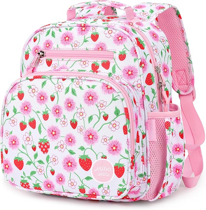 mibasies Toddler Backpack for Girls 2-4: Cute Kids Backpacks for Girls - Preschool Kindergarten Backpack - Strawberry Floral Pink
