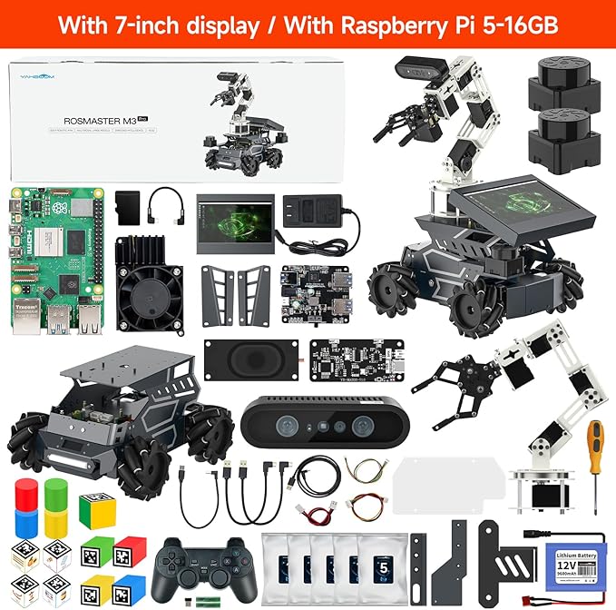 Yahboom Raspberry Pi 5 16GB RAM with ROS2 Robot Kit,6DOF Robotic Arm,7-inch Display,Supports Large Language Models,Ubuntu 22.04. AI Vision Materials