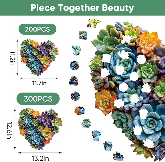 Mys Aurora Jigsaw Puzzles,300 Pieces Heart Succulent Wooden Puzzles for Adults, Unique Shaped Plant Puzzles,Brain Teaser Family Flower Puzzle Game 13.2 x 12.6 Inch