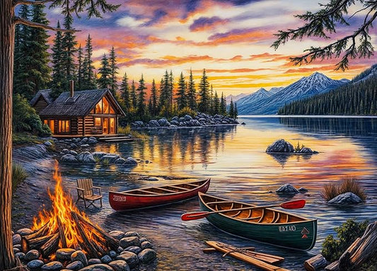 Lakeside Cobin Jigsaw Puzzles 1000 Pieces for Adults Cozy Campfire Canoes 1000 Piece Jigsaw Puzzles for Adults