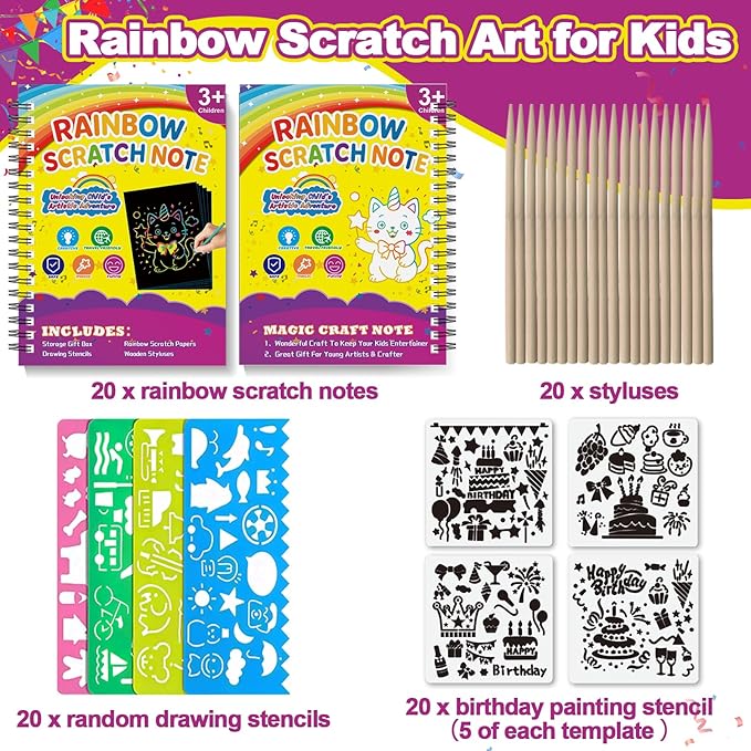 HXDOGSP Scratch Art for Kids: 20 Pack Rainbow Scratch Paper Party Favors - Art Crafts Notebook Suitable for Birthday Gifts/School Crafts Kit/Classroom Prizes for Girls and Boys Aged 4-12