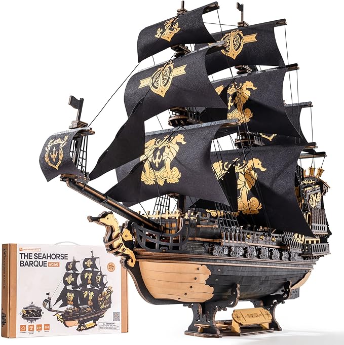 ROKR 3D Wooden Puzzles for Adults,Seahorse Barque Model kit, 603 Piece 3D Puzzles for Adults&Teens,Ideal Gift for Boys and Men