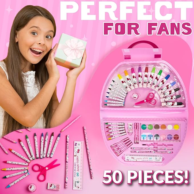 Hello Kitty Colored Pencils Art Supplies Kids Drawing Kit School Supplies Painting Kit Girls Drawing Pencils Art Kit Travel Case with Crayons Arts and Crafts for Kids 4-12 (White/Pink)
