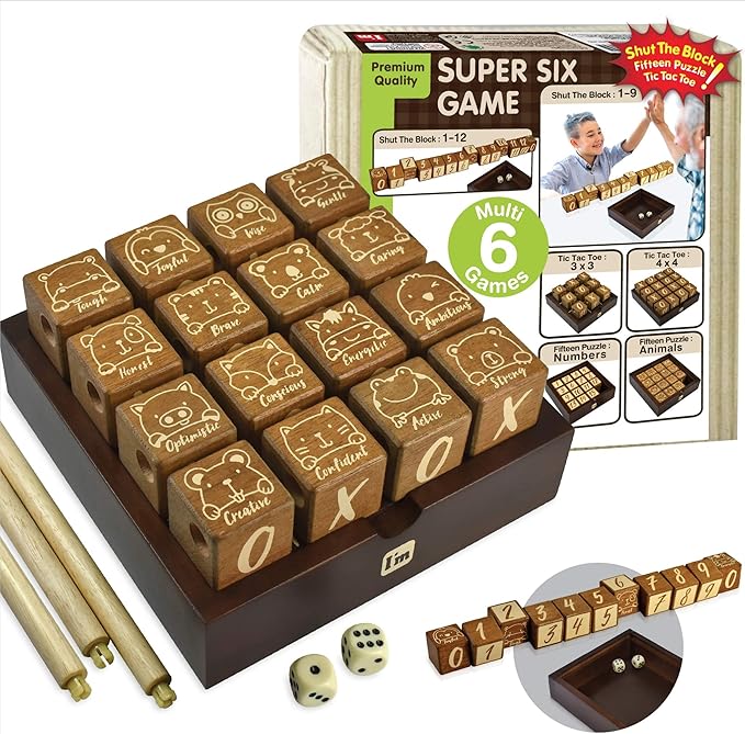 Super SIX : Wooden Multi Board Game: Tic Tac Toe + Shut The Block + 15 Number Sliding Puzzles for Kids and Family