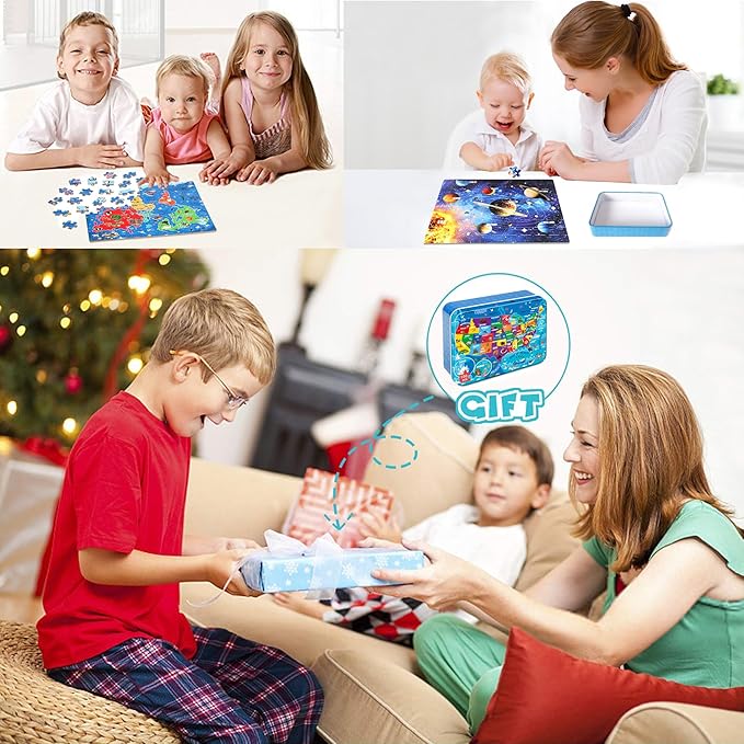 LELEMON 100 Pieces Puzzles for Kids Ages 4-8, 4 Set Kids Puzzle Ages 6-8,United States World Solar System Construction Site Children Learning Educational Puzzless Toys for Boys and Girls